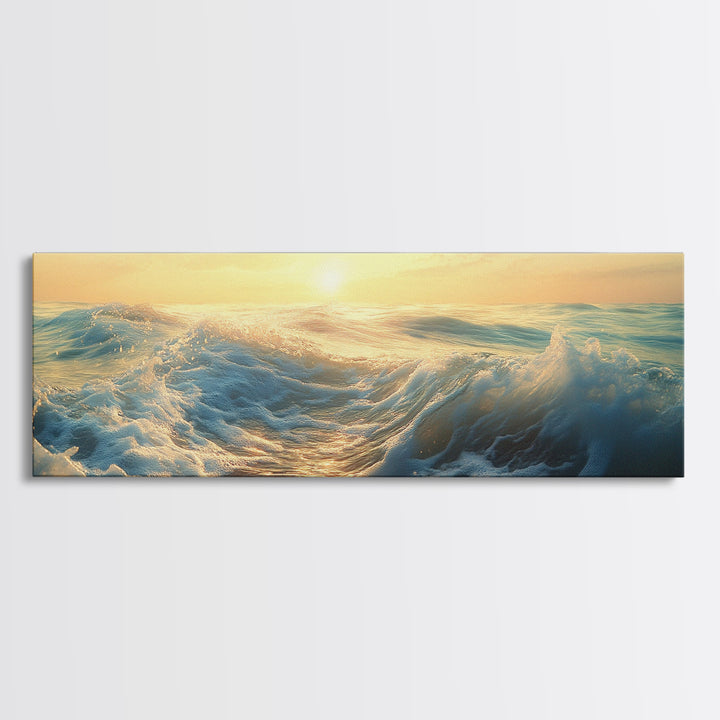Ocean Sunset Canvas Print Coastal Waves Painting, Golden Horizon Seascape, Nautical Wall Decor, Beach House Art, Bedroom Wall Art
