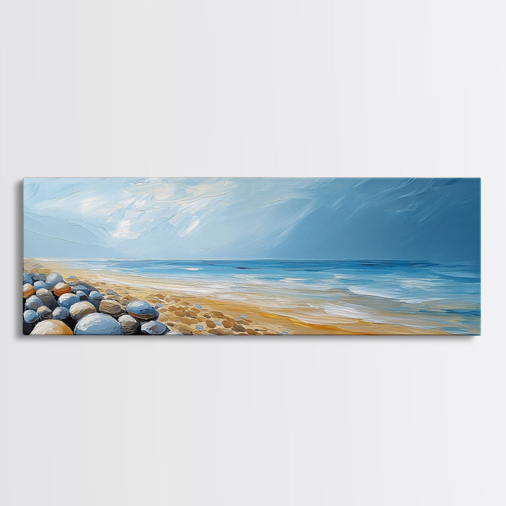 Pebble Beach Seascape Framed Canvas Print Coastal Landscape Wall Art, Serene Ocean Painting, Nautical Bathroom Decor, Minimalist Art