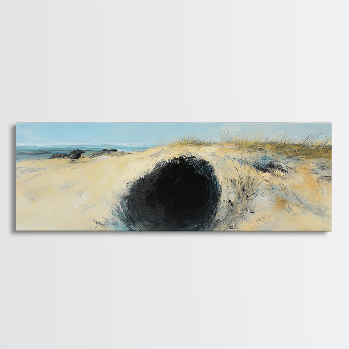 Desert Hole Mystery Framed Canvas Print - Surreal Sand Dune Painting, Minimalist Earthy Wall Art, Unique Living Space