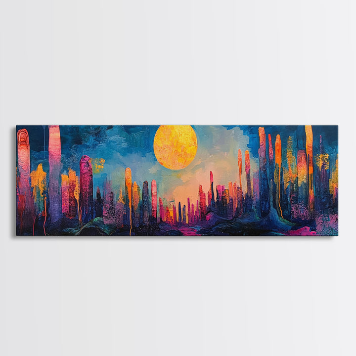Neon Moon Fantasy Canvas Print - Vibrant Sci-Fi Cityscape Painting, Psychedelic Wall Art, Trippy Room Aesthetic, Urban Decor