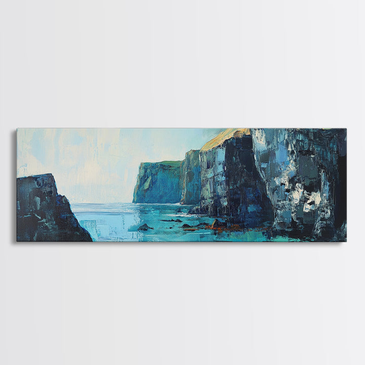 Coastal Cliffs Canvas Print Seascape Wall Art Ocean Waves Painting Nautical Decor Blue Tones Abstract Beach House Living Room Art