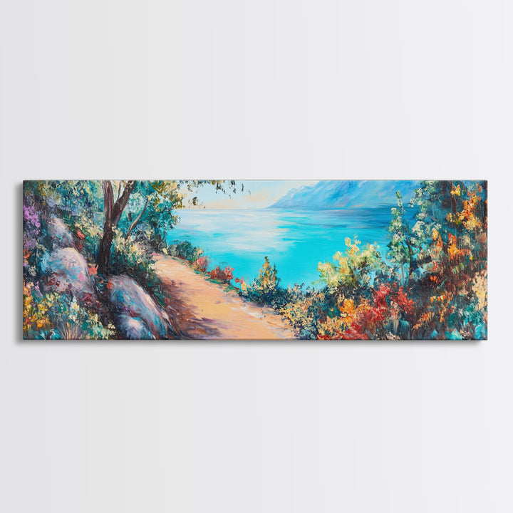 Coastal Pathway Painting Vibrant Beach Landscape Art Mediterranean Seaside Wall Decor Nature Artwork Living Room