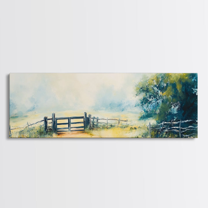 Country Gate Painting Rustic Farmhouse Landscape Art Tranquil Field Wall Decor Cozy Pastoral Artwork Entryway