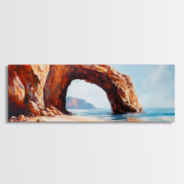 Natural Rock Arch Painting Coastal Cliff Seascape Wall Art Earthy Ocean Landscape Artwork Canvas Print Beach House Decor