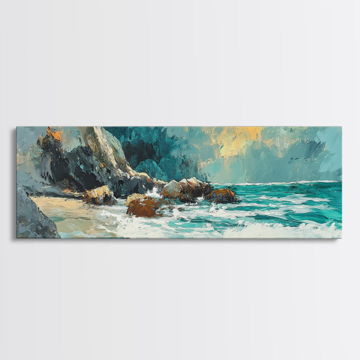 Ocean Cliffside Painting Coastal Rocky Beach Wall Art Dramatic Seascape Artwork Nautical Home Decor Dining Room