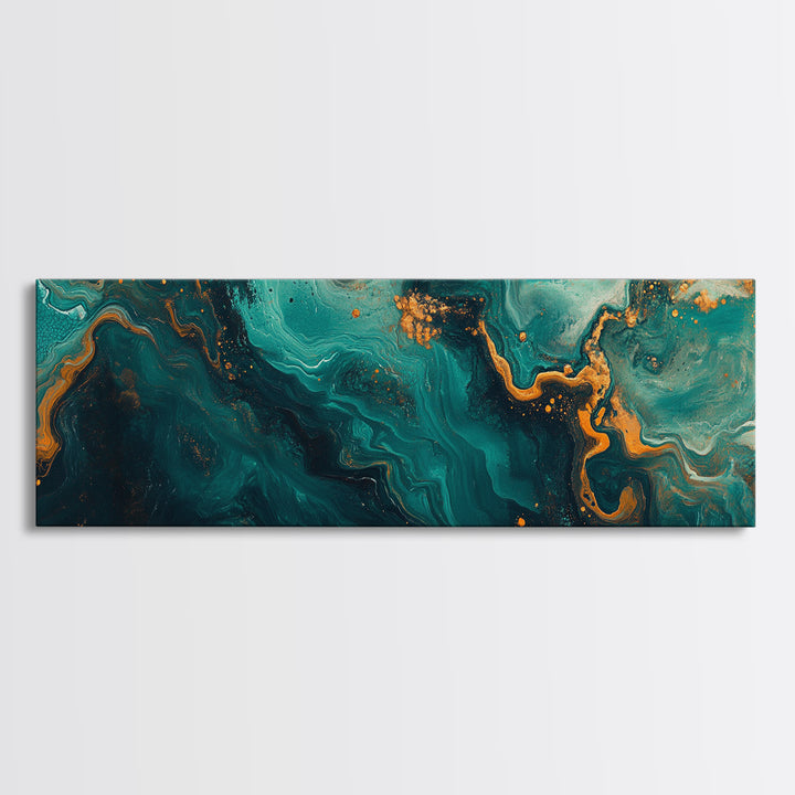Abstract Fluid Painting Turquoise and Gold Swirl Wall Art Marble Aesthetic Artwork Luxury Modern Decor Dining Room