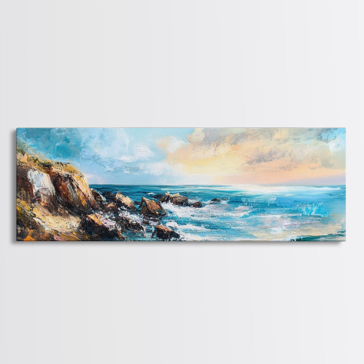 Rocky Ocean Shoreline Framed Canvas Print, Textured Seascape Painting, Beach House Wall Art, Coastal Living Room Decor, Wave Artwork