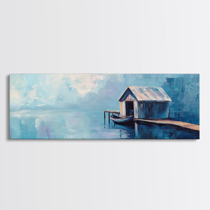 Blue Boathouse Canvas Print Tranquil Lake Scene Wall Art Nautical Cabin Decor Coastal Painting Minimalist Blue Wall Art Living Room