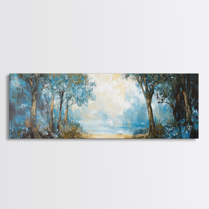 Blue Forest Path Framed Canvas Print Landscape Painting, Nature Inspired Wall Art, Rustic Home Decor, Modern Artwork