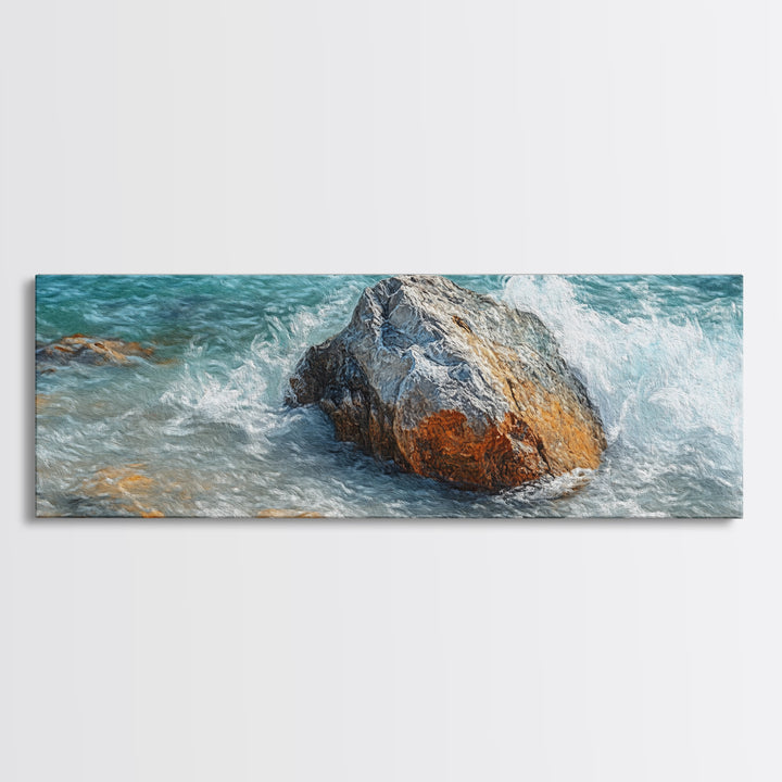 Ocean Rock Waves Framed Canvas Print Coastal Nature Wall Art, Beach Landscape Painting, Rustic Seascape Decor, Home Accent