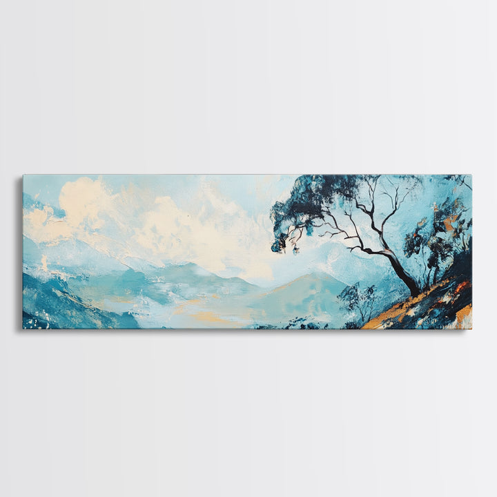 Blue Mountains, Windswept Tree, Minimalist Wall Art, Canvas Print, Modern Landscape, Bedroom Decor, Serene Nature Painting, Abstract Art