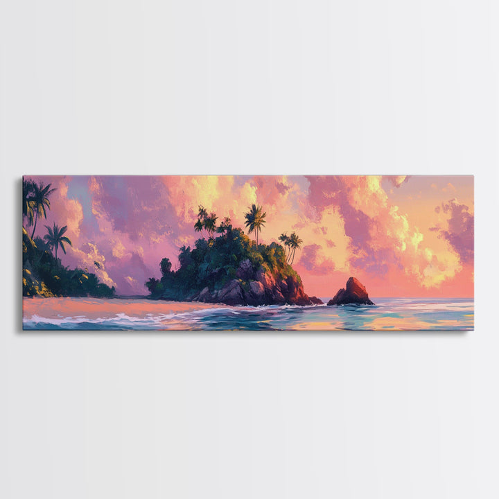 Tropical Sunset, Palm Tree Beach, Coastal Wall Art, Canvas Print, Island Paradise, Vibrant Seascape, Bedroom Decor, Summer Aesthetic