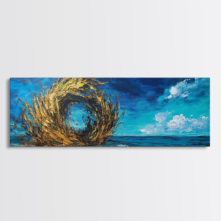 Ocean Swirl, Golden Waves, Abstract Beach Art, Framed Canvas Print, Modern Coastal Decor, Statement Wall Art, Ocean Vortex, Vibrant Blue