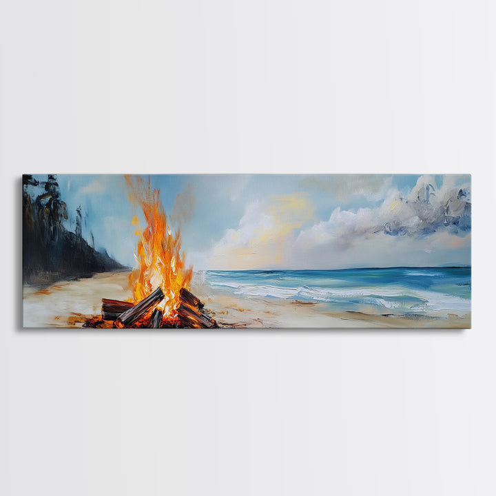 Beach Bonfire Glow Framed Canvas Print Coastal Sunset Wall Art Ocean Retreat Decor Vibrant Campfire Painting Summer Gift