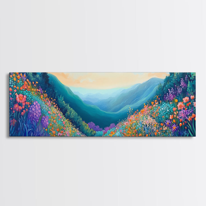 Mountain Wildflowers, Vibrant Landscape Art, Nature Painting, Cabin Wall Decor, Springtime Art, Living Room Print, Canvas Print