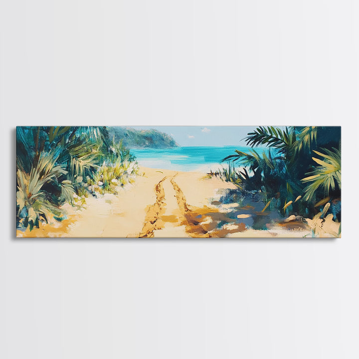 Tropical Beach Path, Palm Tree Art, Ocean Painting, Coastal Wall Decor, Relaxing Retreat Art, Home Print, Framed Canvas Print