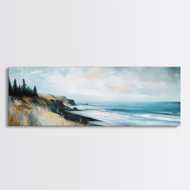 Coastal Cliff View Canvas Print Modern Landscape Painting, Minimalist Seascape Wall Art, Nature Theme Decor, Ocean View Artwork