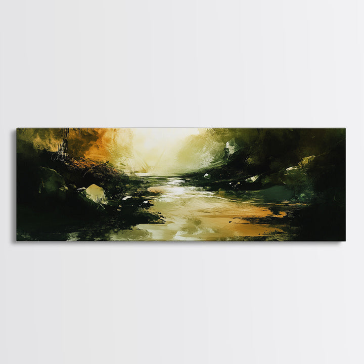 Dark Fantasy River Painting, Moody Abstract Landscape, Green and Gold Mystical Wall Art, Mysterious Hallway Decor, Framed Canvas Print