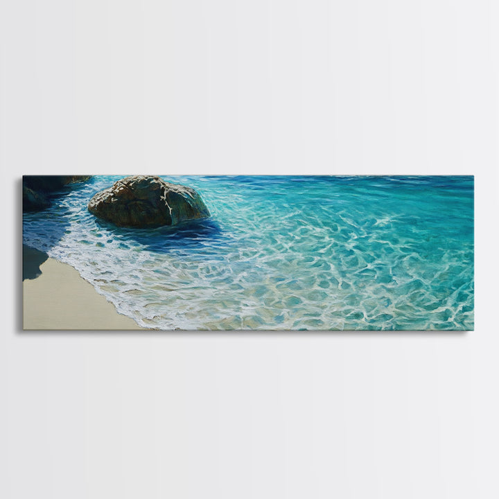 Ocean Shoreline Framed Canvas Print Coastal Beach Wall Art, Large Seascape Painting, Blue Sea Waves, Nautical Art, Bedroom Decor