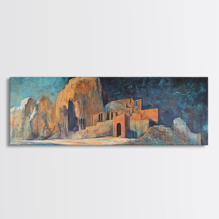 Ancient Ruins Canvas Print Rustic Landscape Wall Art, Mediterranean Decor, Boho Earthy Art, Dark Blue and Orange, Living Room Artwork