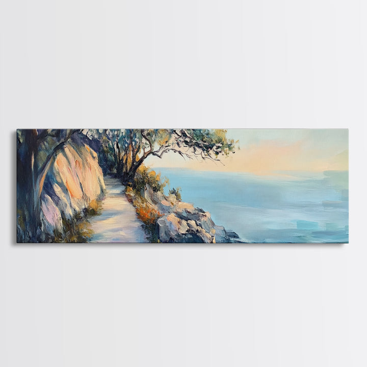 Coastal Cliff Walk Framed Canvas Print Serene Beach Pathway Painting, Sunset Seaside Art, Nature Landscape, Relaxing Home Wall Decor