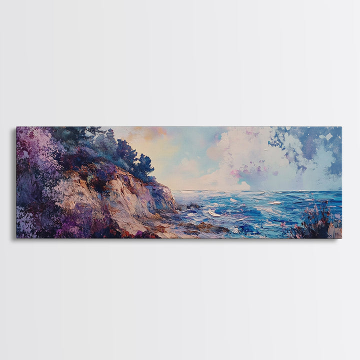 Rocky Shoreline Framed Canvas Print Vibrant Coastal Wall Art, Textured Ocean Scene, Sunset Beach Painting, Modern Boho Decor