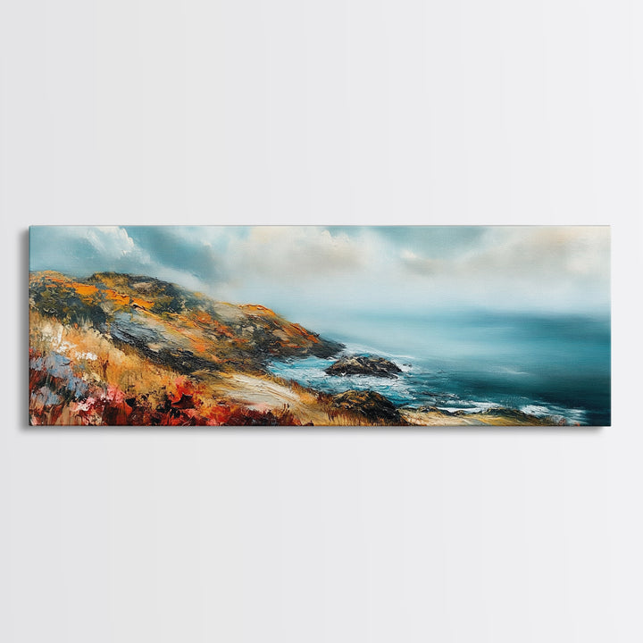 Coastal Cliffside Painting, Vibrant Seaside Landscape, Ocean Beach Art, Modern Nautical Wall Decor, Contemporary Bedroom Accent