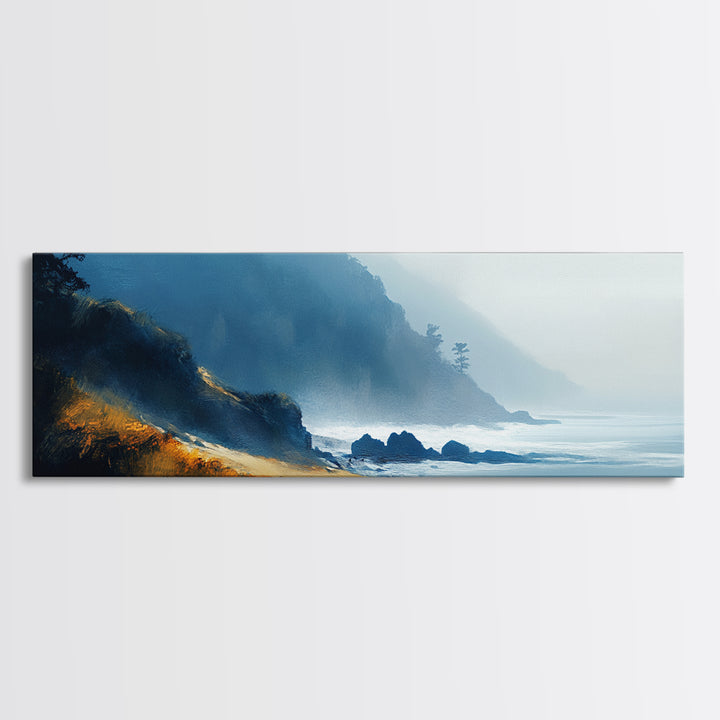 Dramatic Coastline Canvas Print Moody Seaside Painting, Stormy Ocean Landscape, Dark Blue Beach Wall Art, Living Room Decor