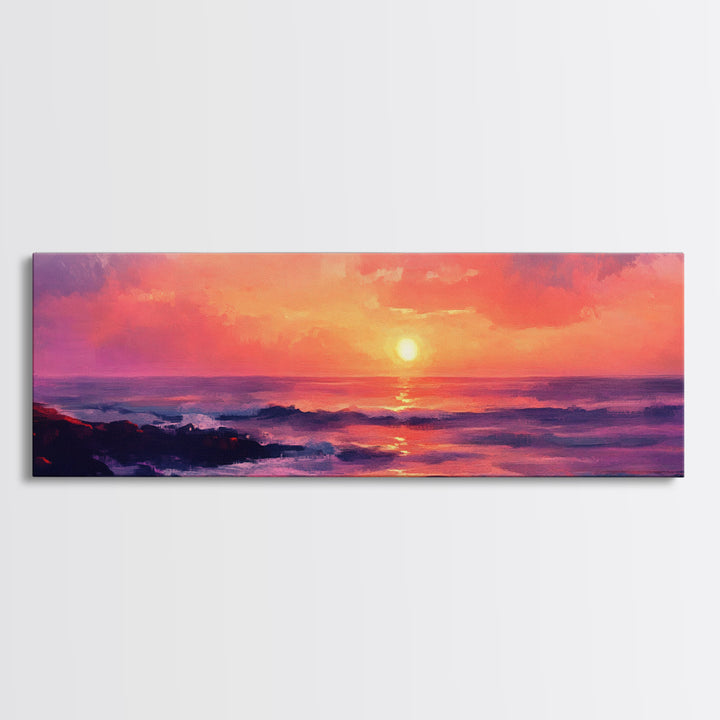 Ocean Sunset Framed Canvas Print, Pink Sky Seascape, Coastal Landscape Wall Art, Beach House Decor, Relaxing Home Aesthetic