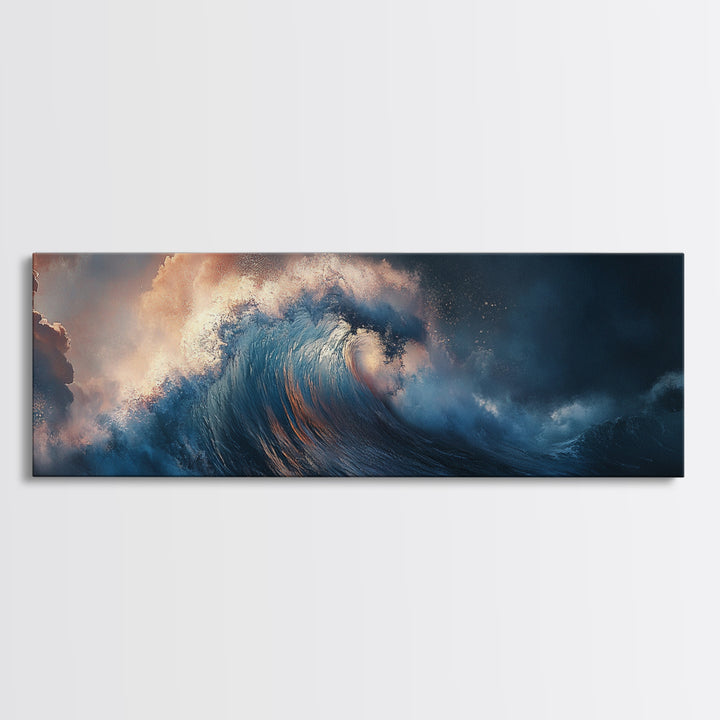 Dramatic Ocean Wave Framed Canvas Print Moody Seascape Wall Art, Deep Blue Stormy Sea Decor, Statement Living Room or Office Art