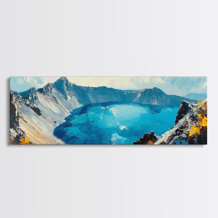 Crater Lake Landscape Framed Canvas Print Majestic Mountain Wall Art, Textured Impasto Painting, Nature Inspired Living Room Decor
