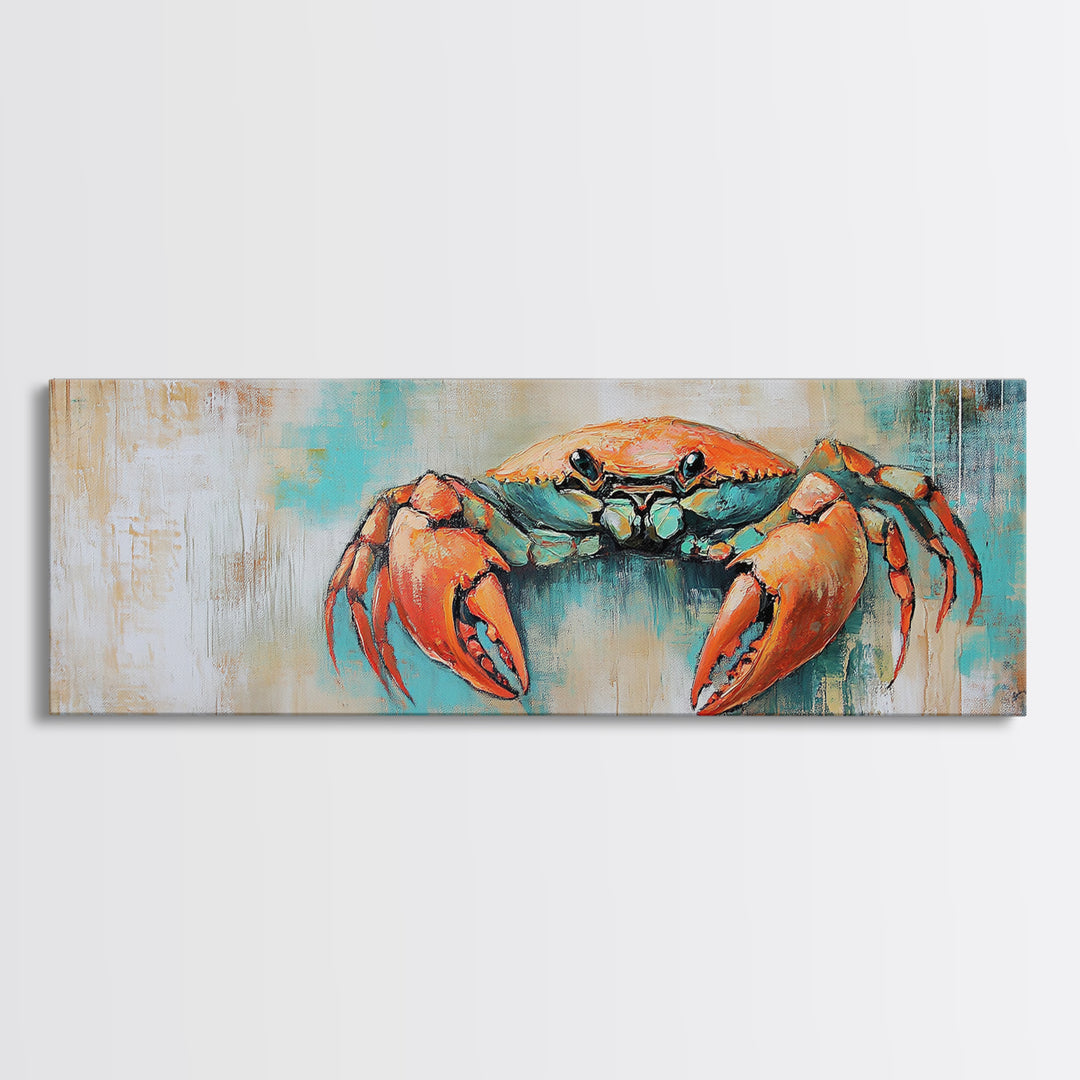 Rustic Crab Art Framed Canvas Print Coastal Nautical Wall Decor, Beach House Kitchen Art, Textured Ocean Painting, Living Room Accent