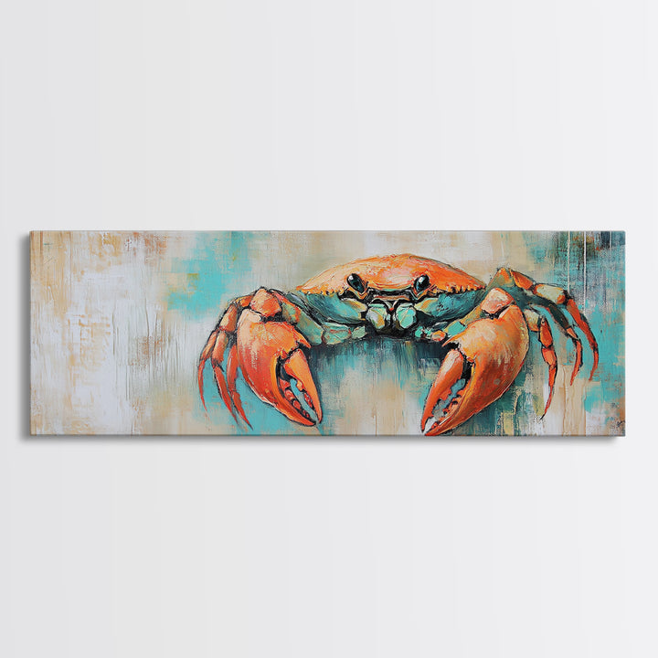 Rustic Crab Art Framed Canvas Print Coastal Nautical Wall Decor, Beach House Kitchen Art, Textured Ocean Painting, Living Room Accent