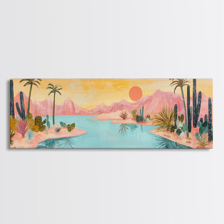 Desert Oasis Landscape Wall Art, Cactus and Palm Trees Painting, Boho Sunset Artwork, Southwest Home Decor, Warm Pink Art