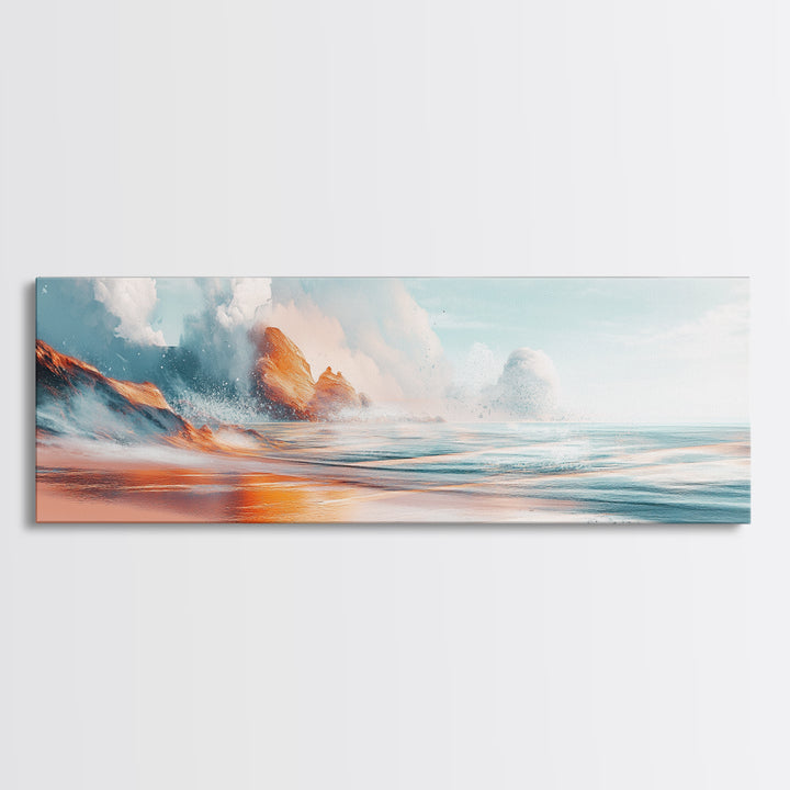 Ocean Wave Sunset Wall Art, Beach Coastal Painting, Serene Seascape Artwork, Relaxing Nautical Decor, Modern Home Accent