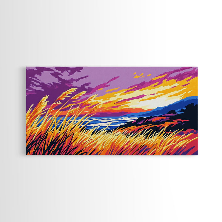 Ocean Sunset Grass, Framed Canvas Print, Coastal Wall Art, Vibrant Nature Painting, Boho Landscape, Beach House Decor, Living Room Art