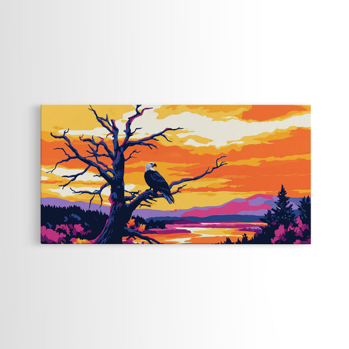 Bald Eagle Sunset, Canvas Print, Wildlife Wall Art, Vibrant Nature Painting, Rustic Decor, Patriotic Home Art, Office Wall Decor