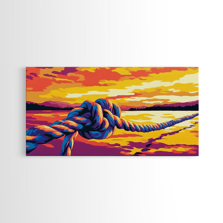 Nautical Rope, Sunset Over Water, Canvas Print, Coastal Wall Art, Beach House Decor, Ocean View, Vibrant Summer Scene, Boho Style