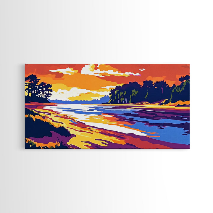 Ocean Shore, Sunset Glow, Coastal Serenity, Framed Canvas Print, Beach House Wall Art, Nautical Decor, Vibrant Seascape Painting