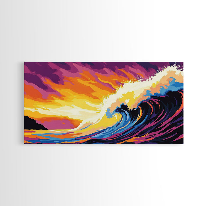 Ocean Wave, Sunset Horizon, Coastal Painting, Seascape Art, Framed Canvas Print, Beach House Wall Decor, Surfer Aesthetic Home Art