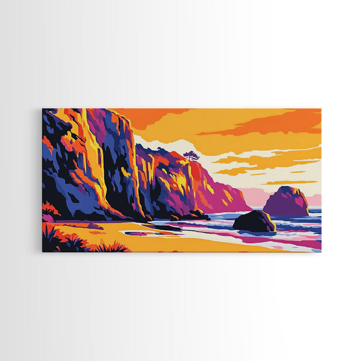 Ocean Cliffs, Coastal Sunset Art, Vibrant Seascape Painting, Beach Wall Decor, Framed Canvas Print, Nautical Home Design, Office Art