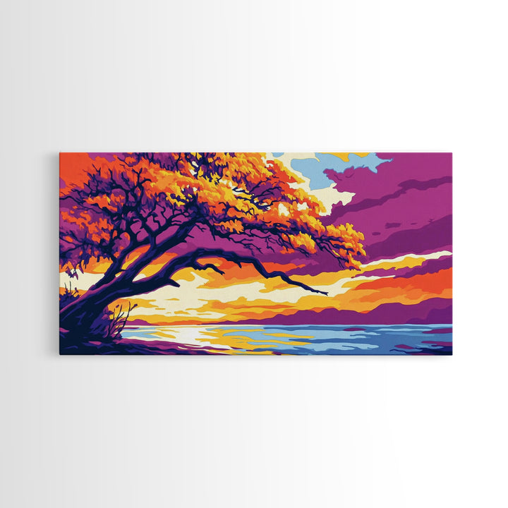 Majestic Tree, Lakeside Sunset, Vibrant Nature Art, Canvas Print, Modern Boho Decor, Living Room Wall Art, Autumn Landscape Painting