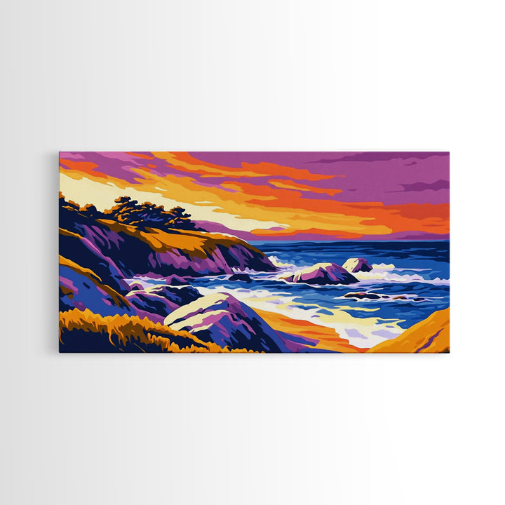Ocean Sunset, Rolling Waves, Coastal Painting, Colorful Seascape, Nautical Wall Art, Beach House, Bedroom, Framed Canvas Print