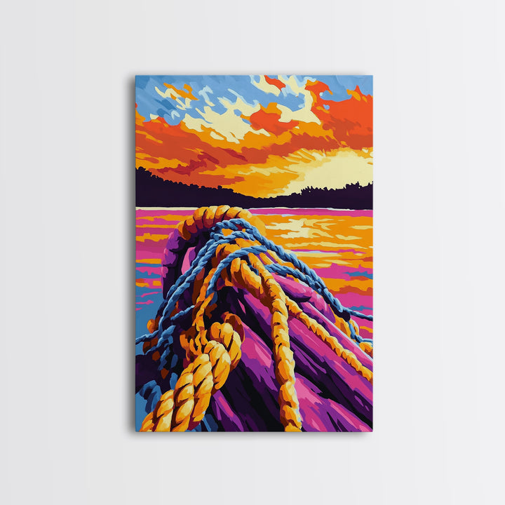 Nautical Rope, Sunset Water, Coastal Art, Canvas Print, Ocean Decor, Vibrant Wall Art, Beach House Decor, Bedroom Wall Art
