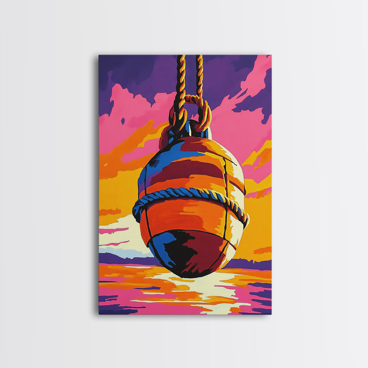 Nautical Buoy, Ocean Sunset, Coastal Art, Framed Canvas Print, Beach Wall Art, Vibrant Home Decor, Seaside Painting, Boat House Artwork