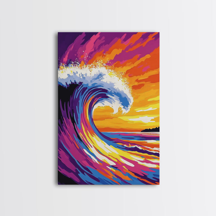 Ocean Wave, Splash, Power, Sunset, Framed Canvas Print, Coastal Decor, Surf Art, Beach House Wall Art, Nautical Theme, Vibrant Blue