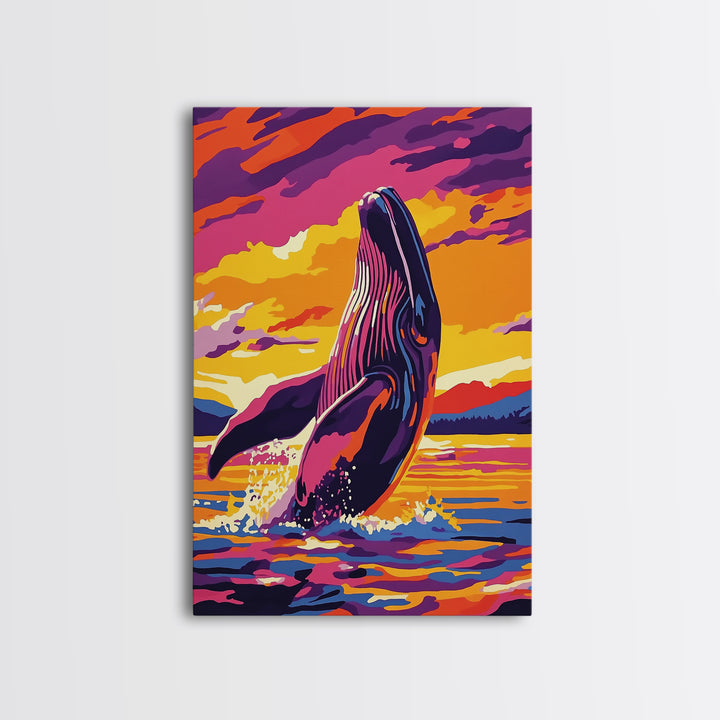 Breaching Whale, Ocean Wildlife Art, Nautical Home Decor, Coastal Sunset Art, Framed Canvas Print, Living Room Wall Art, Marine Painting