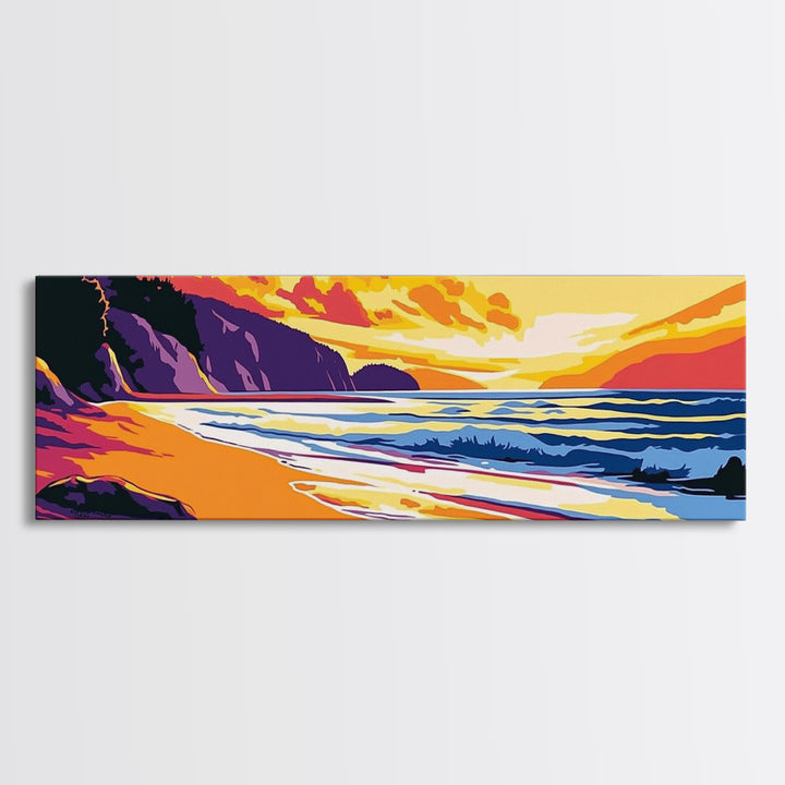 Ocean Shore, Vibrant Sunset, Golden Beach, Coastal Landscape, Canvas Print, Beach House Decor, Nautical Wall Art, Relaxing Aesthetic