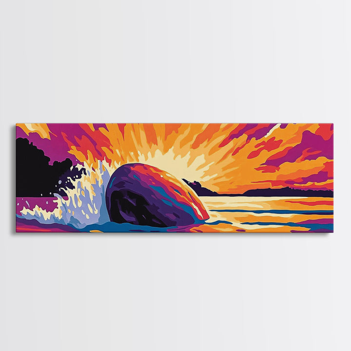 Ocean Splash, Vibrant Sunset, Coastal Energy, Bold Colors, Framed Canvas Print, Nautical Wall Art, Living Room Art, Dynamic Seascape