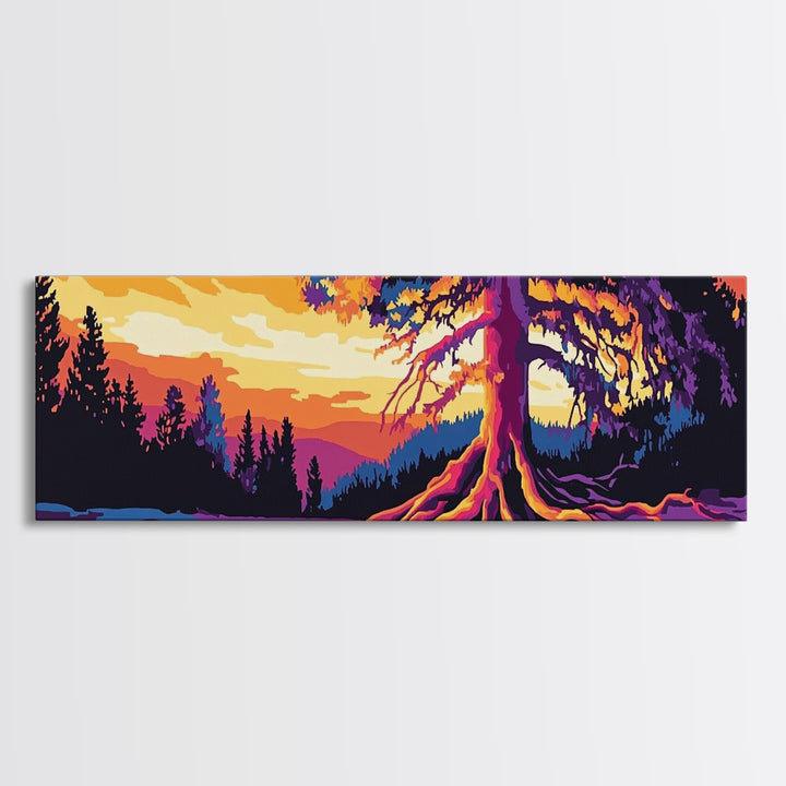 Vibrant Tree, Sunset Art, Framed Canvas Print, Nature Wall Decor, Psychedelic Art, Boho Landscape, Large Wall Art, Office Decor